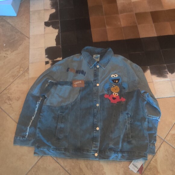 devil Inspired embroidered Sesame Street denim jacket XXL New - Picture 1 of 5